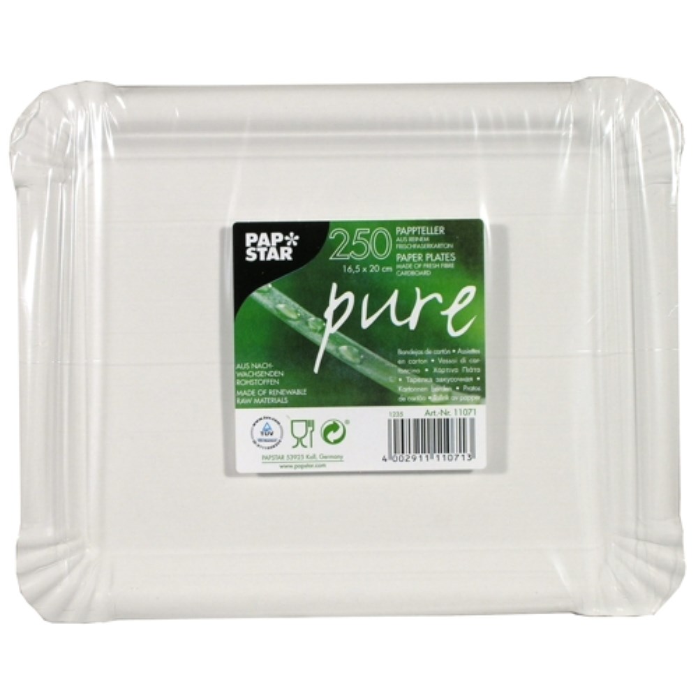 250 Teller, Pappe "pure" eckig 16,5 cm x 20 cm weiss