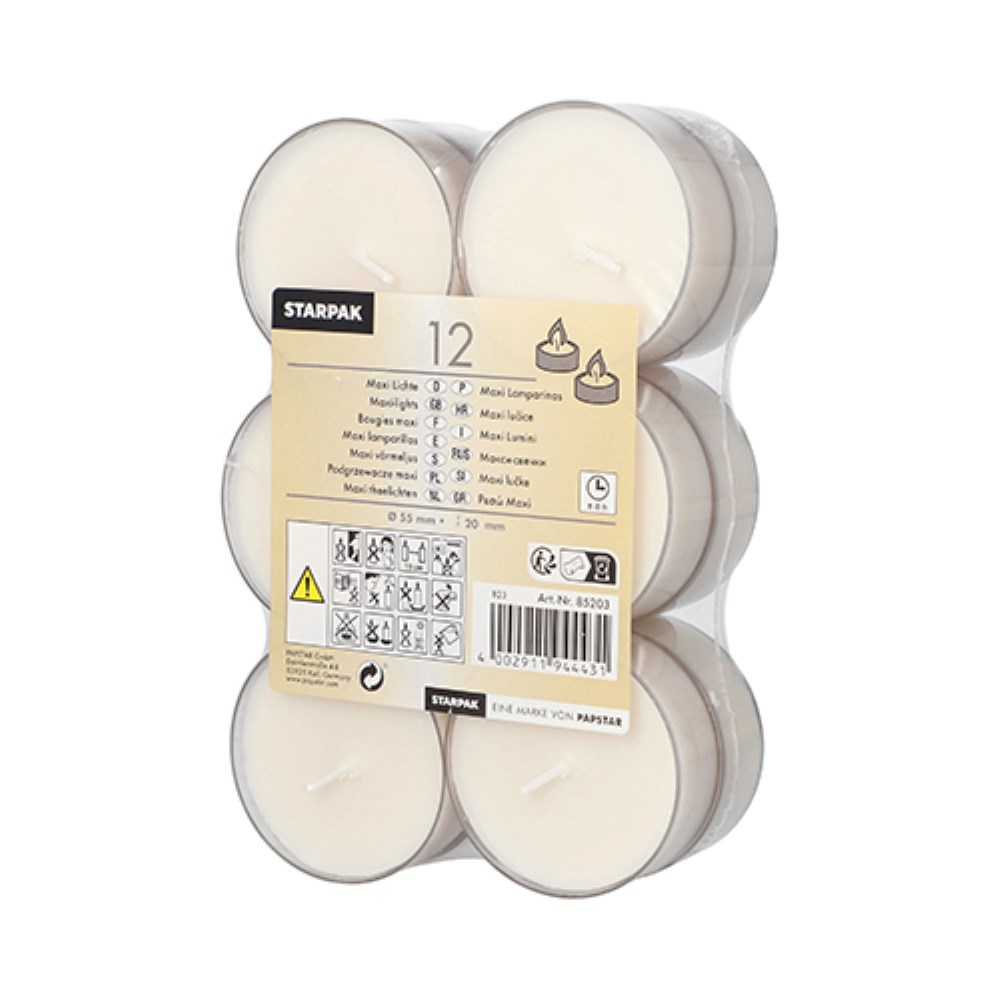 12 Maxi Lichte Ø 57 mm · 21 mm weiss · Brenndauer ca. 8 h, in Polycarbonathülle