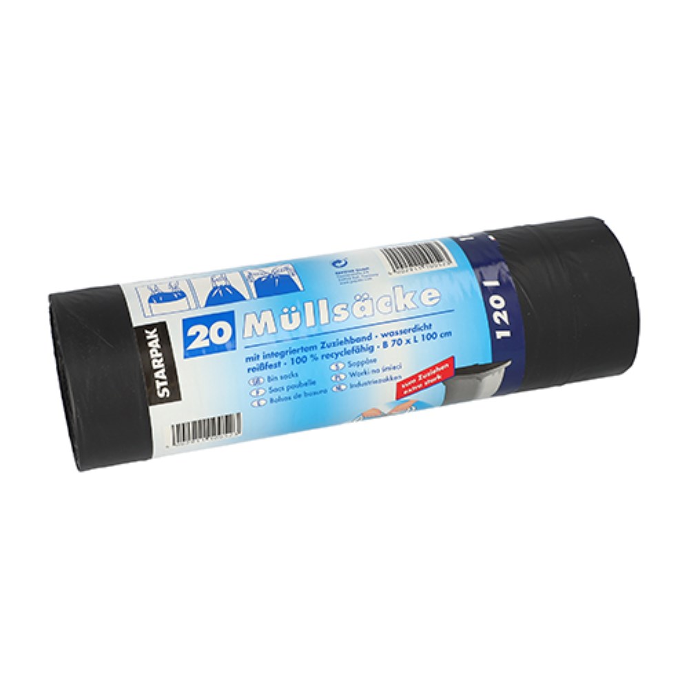 20 Müllsäcke mit Zugband, LDPE 120 l 100 cm x 70 cm schwarz 45 my