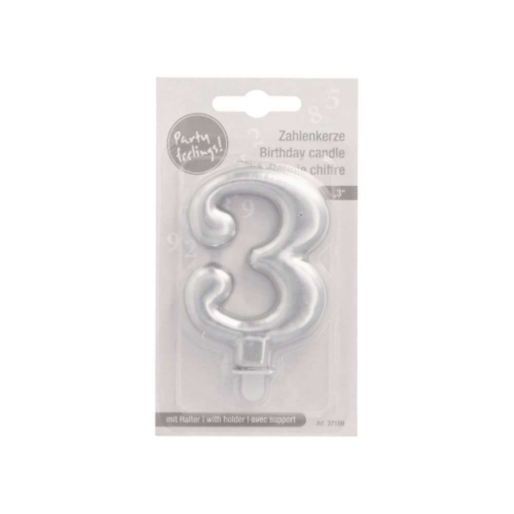 Zahlenkerze mit Halter 7 cm silber "3"