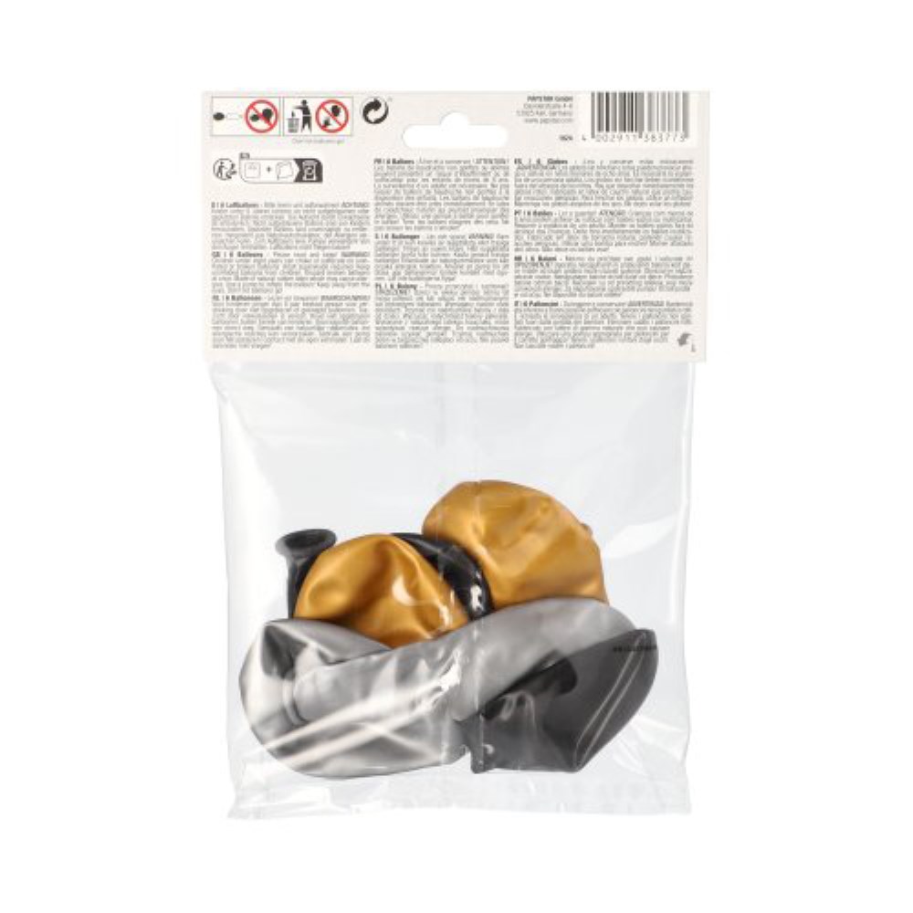 6 Luftballons Ø 25 cm schwarz/gold/silber