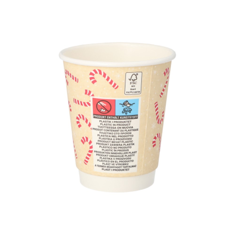 25 Trinkbecher, Pappe 0,2 l Ø 8 cm · 9,3 cm "Candy Canes " doppelwandig