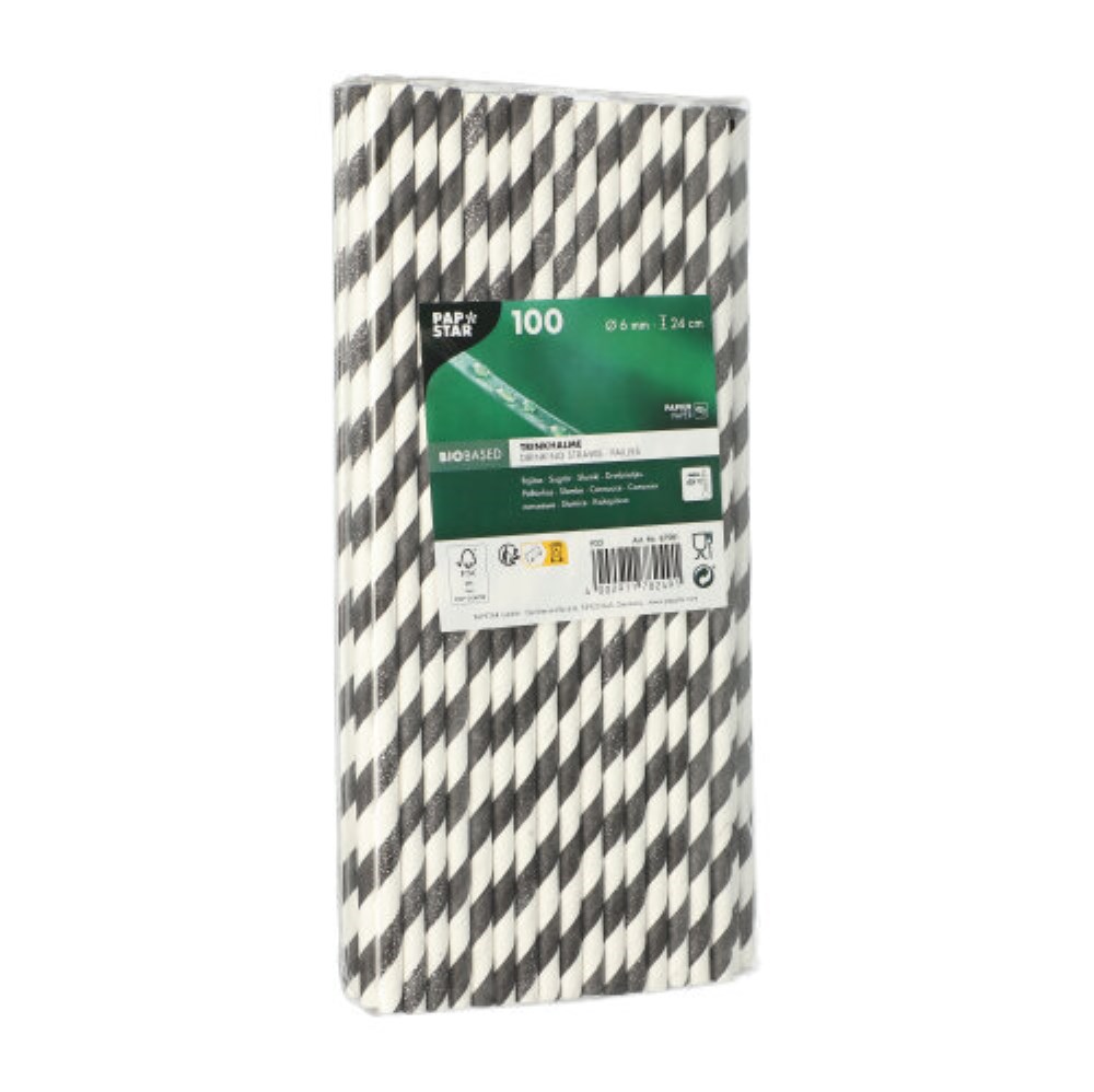 100 Trinkhalme, Papier Ø 6 mm · 24 cm schwarz/weiss "Stripes"