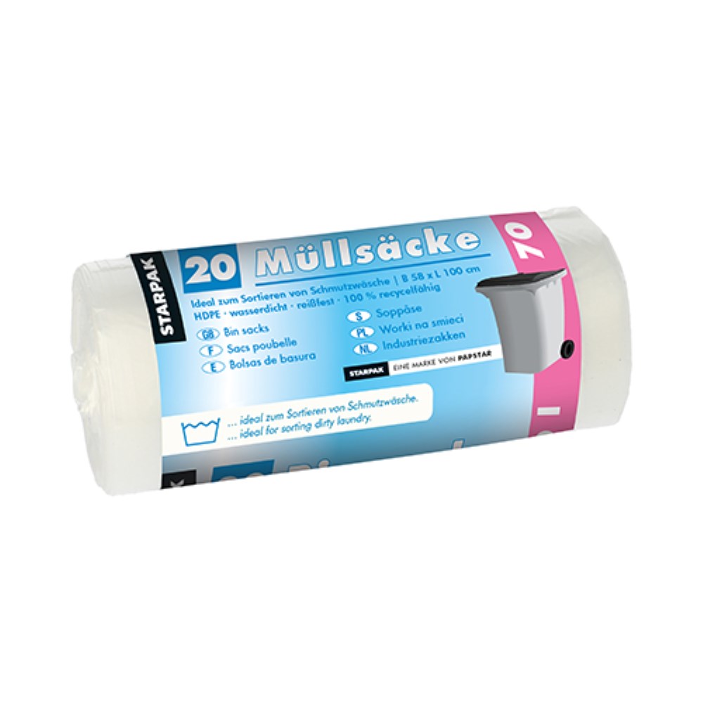 20 Müllsäcke, HDPE 70 l 100 cm x 58 cm weiss 23 my