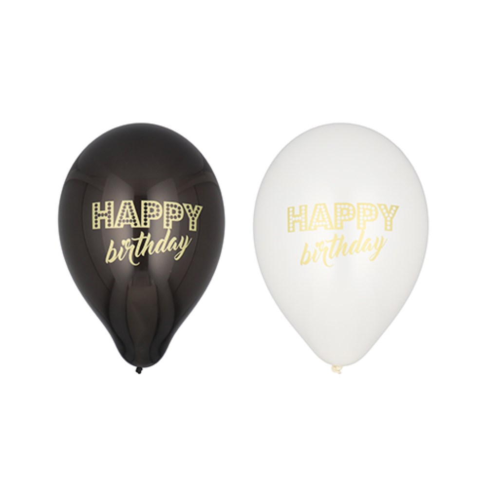 6 Luftballons Ø 25 cm schwarz/weiss "Happy Birthday"
