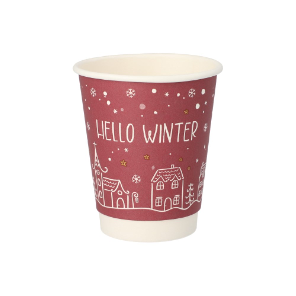 25 Trinkbecher, Pappe 0,2 l Ø 8 cm · 9,3 cm rot "Hello Winter" doppelwandig