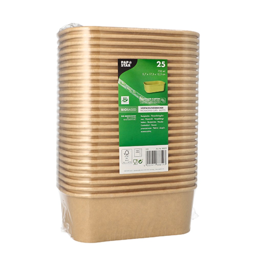 25 Verpackungsbecher, Pappe rechteckig 750 ml 5,8 cm x 17,1 cm x 12 cm braun