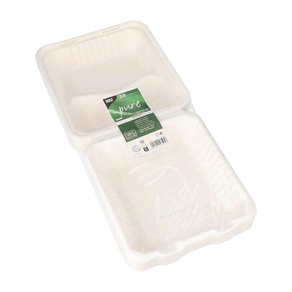 25 Menüboxen, Zuckerrohr "pure" 3-geteilt 7,7 cm x 20 cm x 22 cm weiss