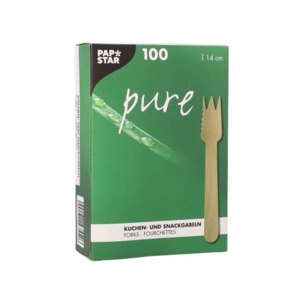 100 Kuchen- und Snackgabeln, Holz "pure" 14 cm mit einseitig gezacktem Rand