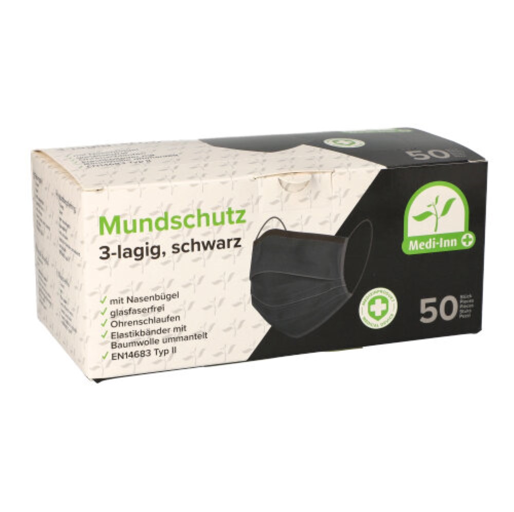 50 "Medi-Inn" Mundschutz Type II 3-lagig 9 cm x 17,5 cm schwarz mit Nasenbügel