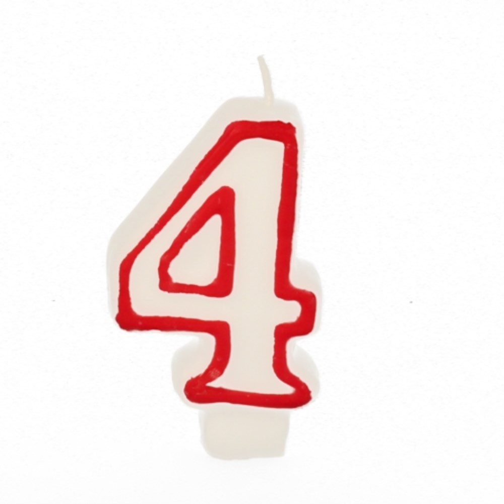 Zahlenkerze 7,3 cm weiss "4" mit rotem Rand