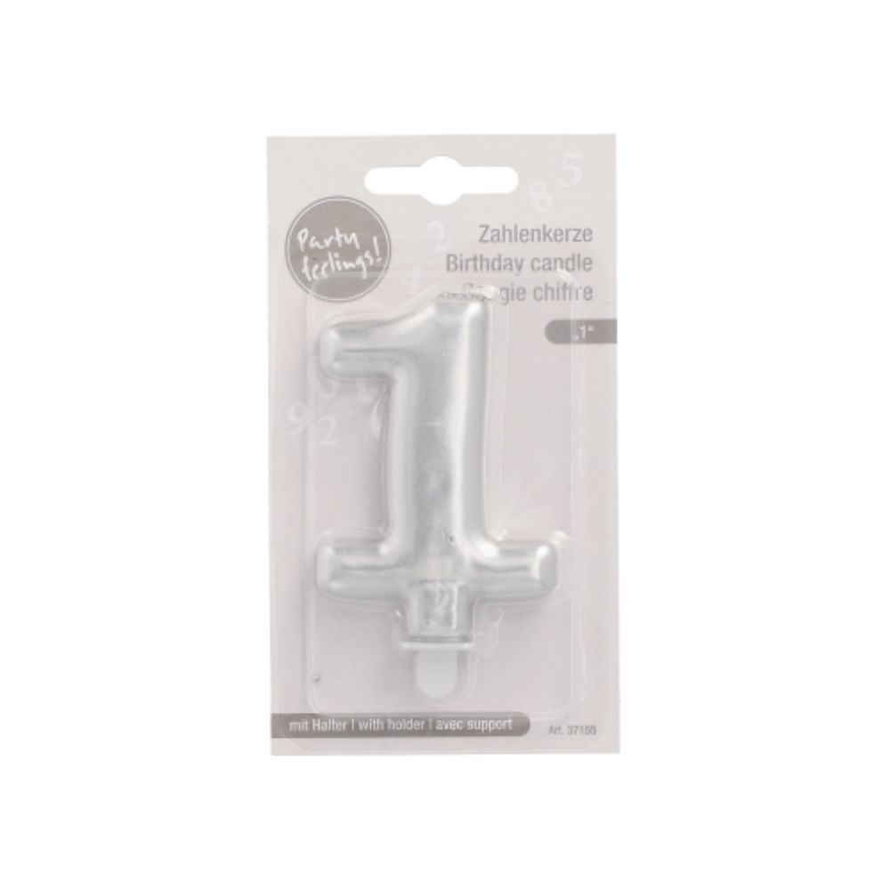 Zahlenkerze mit Halter 7 cm silber "1"