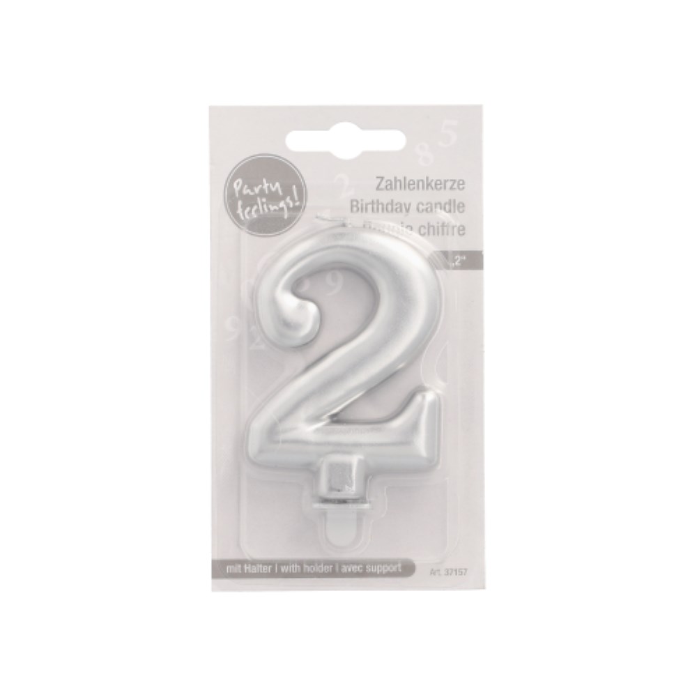 Zahlenkerze mit Halter 7 cm silber "2"