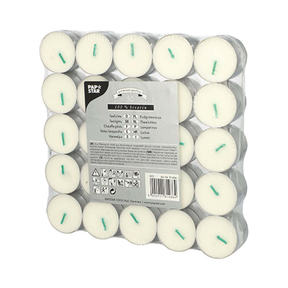 50 Teelichte Ø 37,2 mm · 15,5 mm weiss aus 100 % Stearin