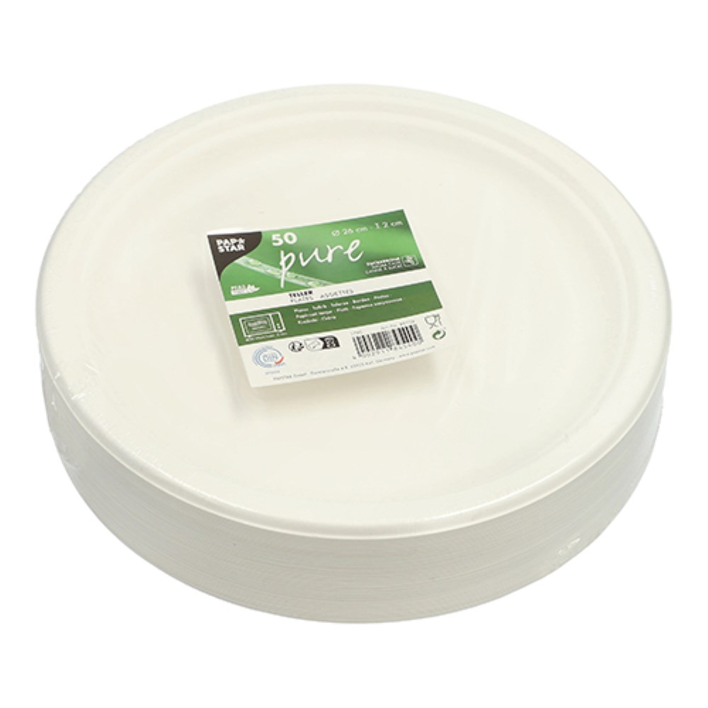 50 Teller, Zuckerrohr "pure" ungeteilt Ø 26 cm · 2 cm weiss
