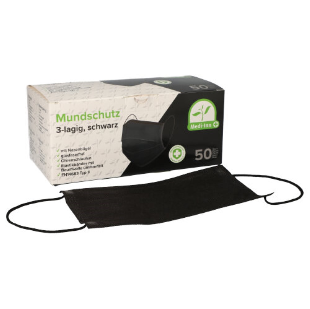 50 "Medi-Inn" Mundschutz Type II 3-lagig 9 cm x 17,5 cm schwarz mit Nasenbügel