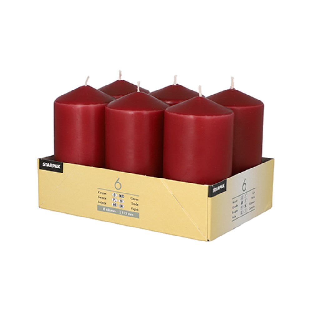 6 Stumpenkerzen Ø 60 mm · 115 mm bordeaux