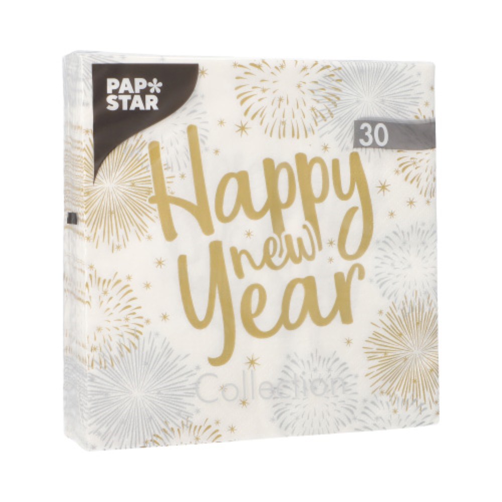30 Servietten, 3-lagig 1/4-Falz 33 cm x 33 cm "Happy New Year"