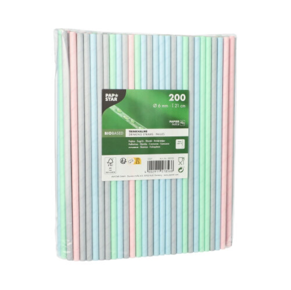 200 Trinkhalme, Papier Ø 6 mm · 21 cm farbig sortiert