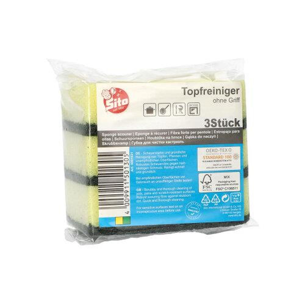 3 Topfreiniger, Schwamm eckig 2,6 cm x 9 cm x 6,6 cm gelb/grün , kratzend