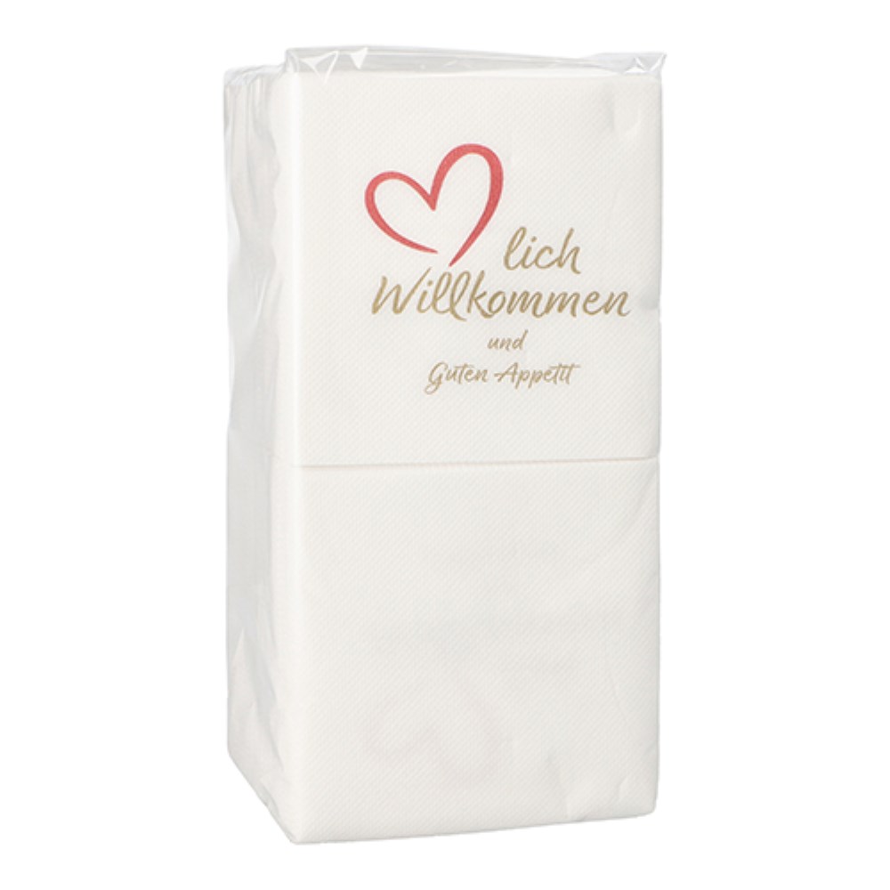 125 Servietten, 2-lagig "PUNTO" 1/4-Falz 20 cm x 20 cm weiss "Herzlich Willkommen & Guten Appetit"