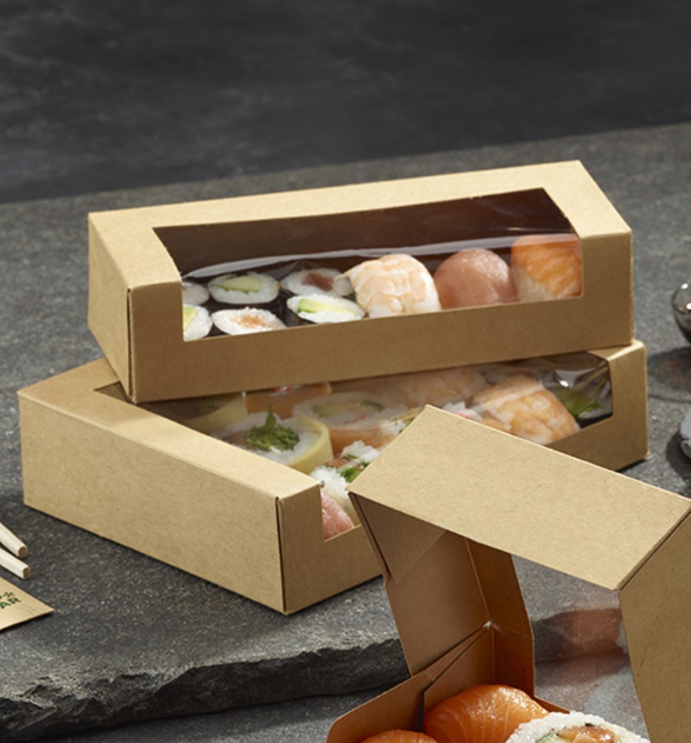 25 Sushi-Schalen, Pappe eckig 4,5 cm x 19,5 cm x 7 cm braun