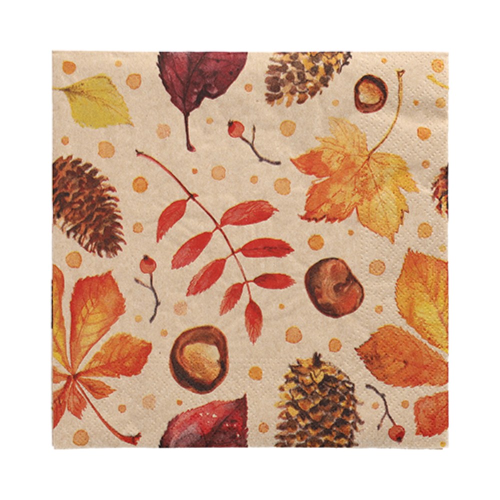 20 Servietten, 3-lagig 1/4-Falz 33 cm x 33 cm natur "Höstlöv" aus recyceltem Papier