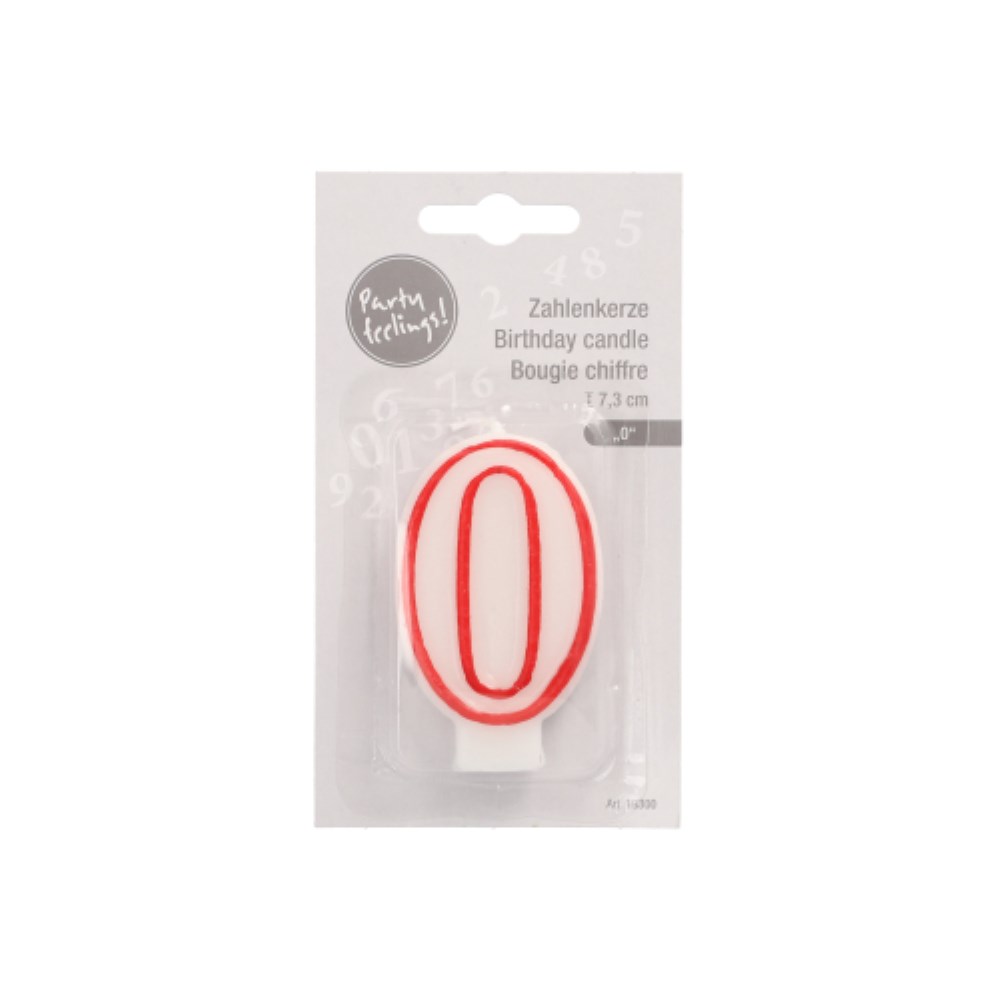 Zahlenkerze 7,3 cm weiss "0" mit rotem Rand