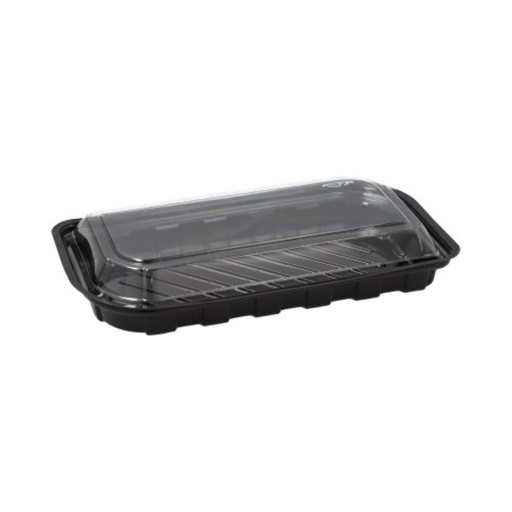 50 Sushi-Schalen R-PET rechteckig 21 cm x 11 cm x 4,3 cm schwarz mit transparentem Deckel