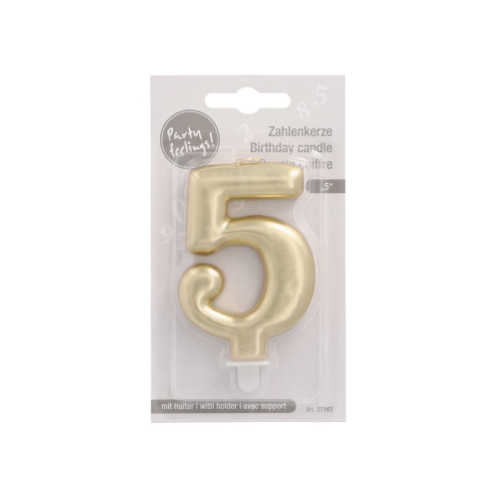 Zahlenkerze mit Halter 7 cm gold "5"