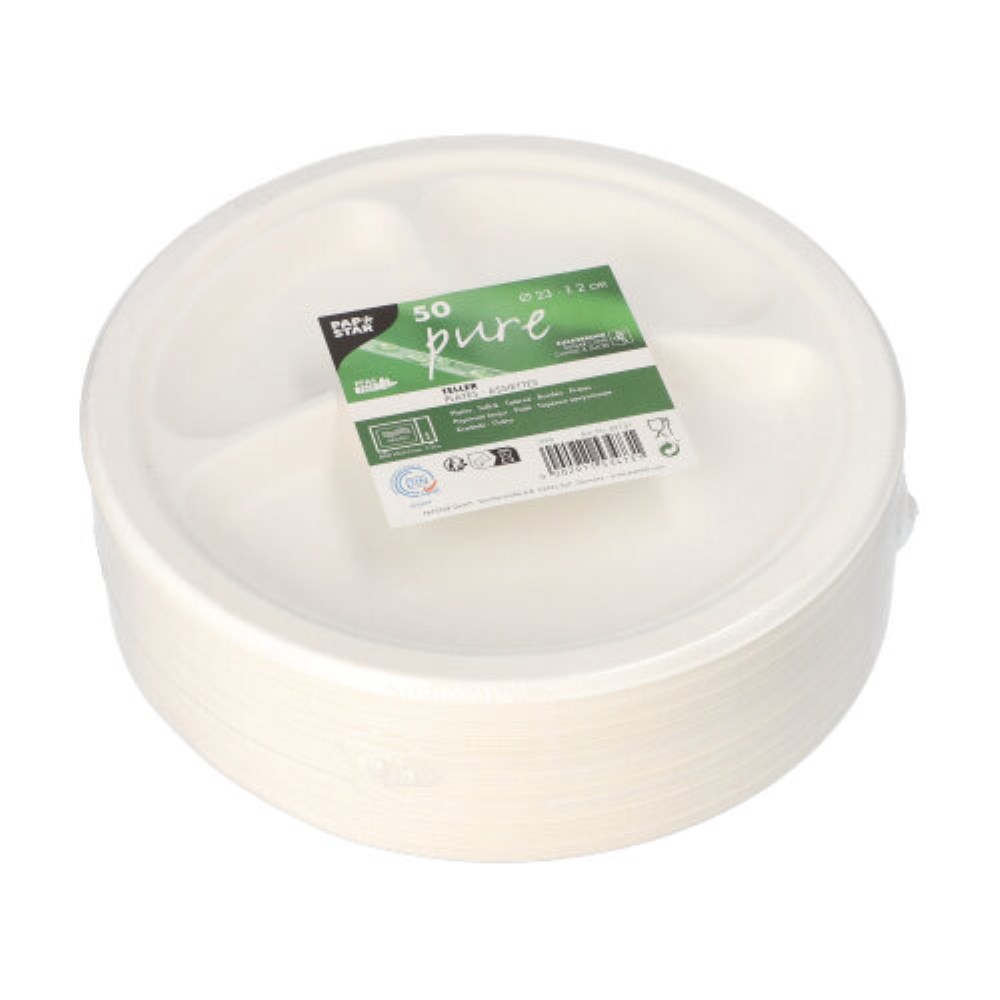 50 Teller, Zuckerrohr "pure" 3-geteilt Ø 23 cm · 2 cm weiss