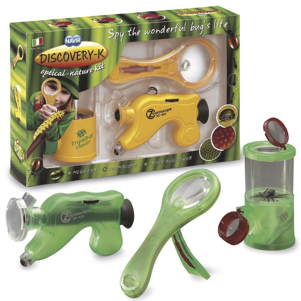 Forscherset aus der Nähe sehen - Taschenmikroskop (Zoomskop), große Lupe, Triple Insektenlupe - Made in Italy -Forschen & Entdecken