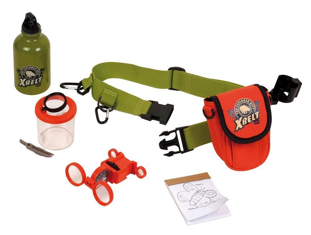 Forschergürtel Set - Flasche, Lupenbox, Gürtel mit Tasche, Optik Wunder (Kompass, Lupe, Fernglas, Spiegel) - Made in Italy - Forschen & Entdecken