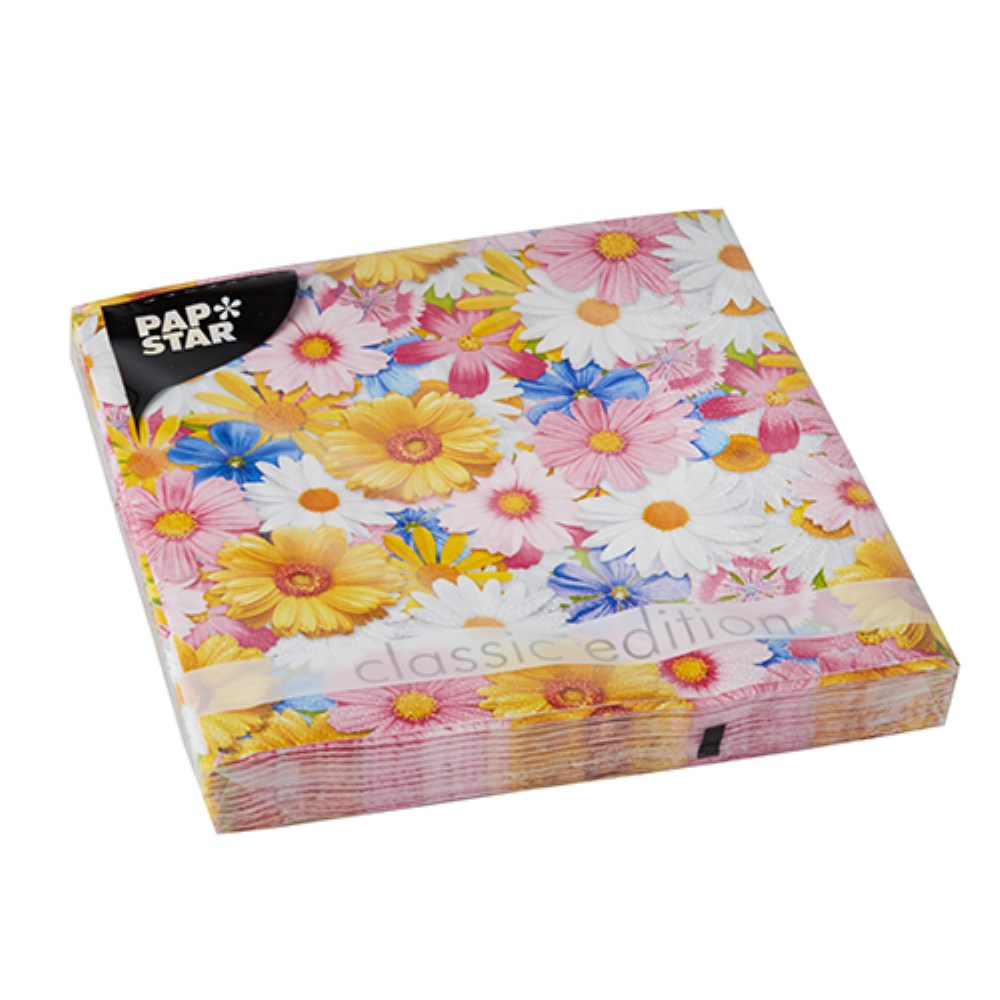 20 Servietten, 3-lagig 1/4-Falz 33 cm x 33 cm "Daisies Mix"