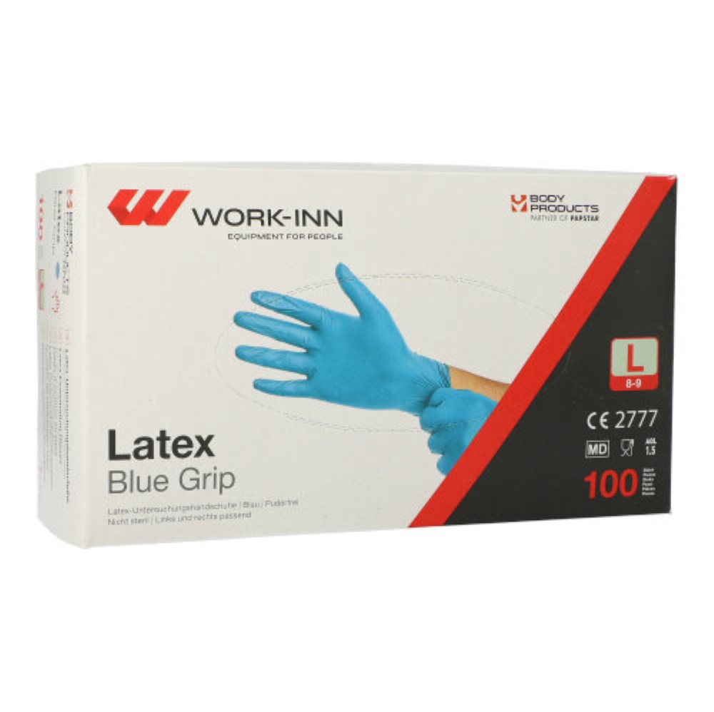 100 "WORK-INN" Handschuhe, Latex puderfrei blau "Blue Grip" Größe: L