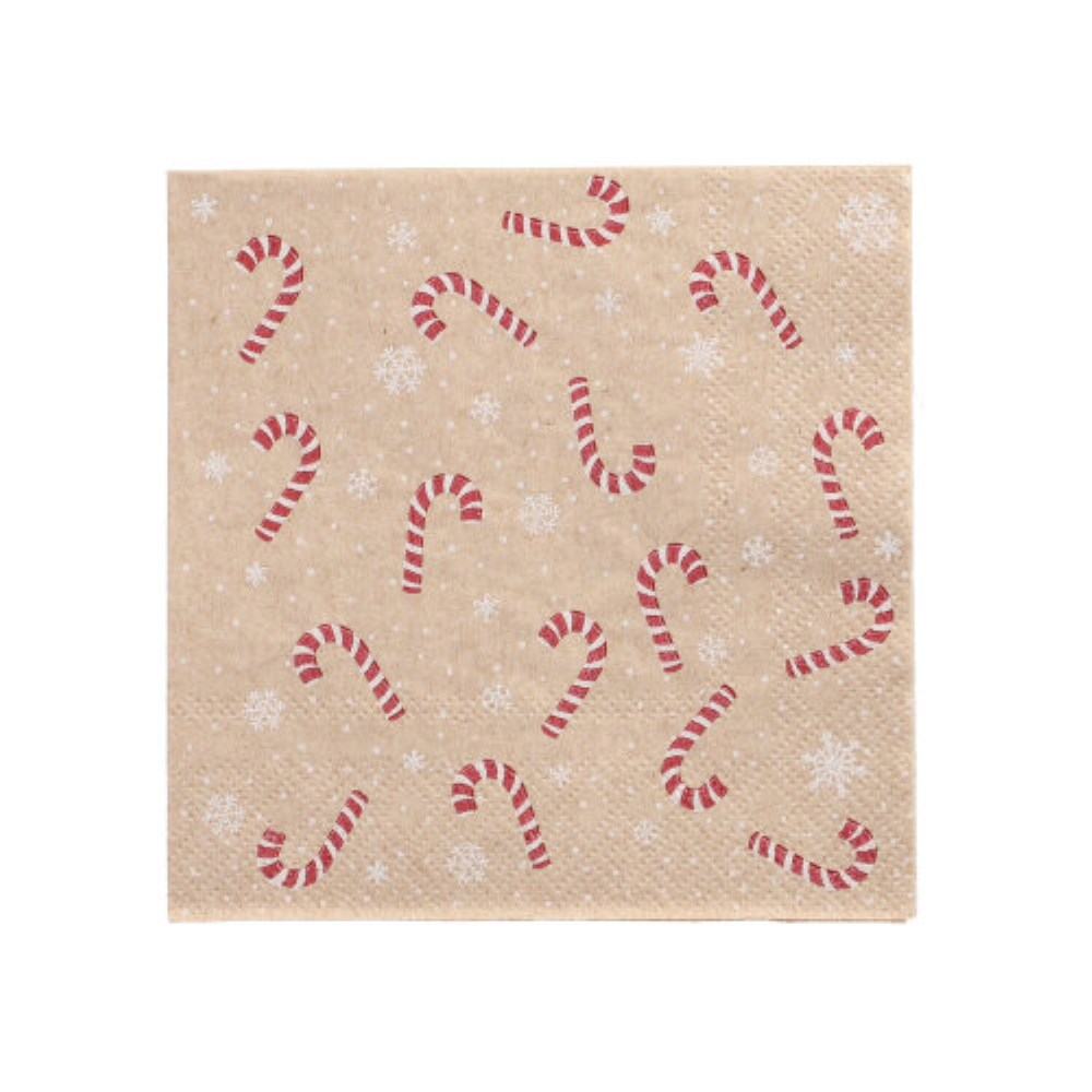 20 Servietten, 3-lagig 1/4-Falz 25 cm x 25 cm natur "Candy Canes" aus recyceltem Papier
