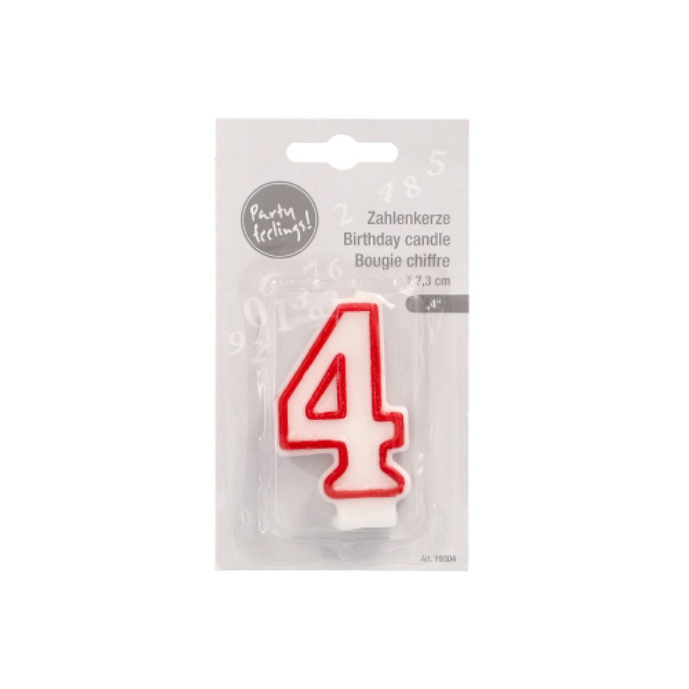 Zahlenkerze 7,3 cm weiss "4" mit rotem Rand