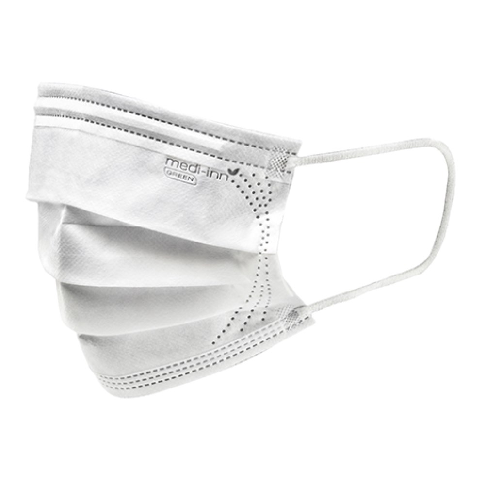 50 "Medi-Inn GREEN" Mundschutz Type IIR 3-lagig 9,5 cm x 17,5 cm weiss 3-lagig, biologisch abbaubar