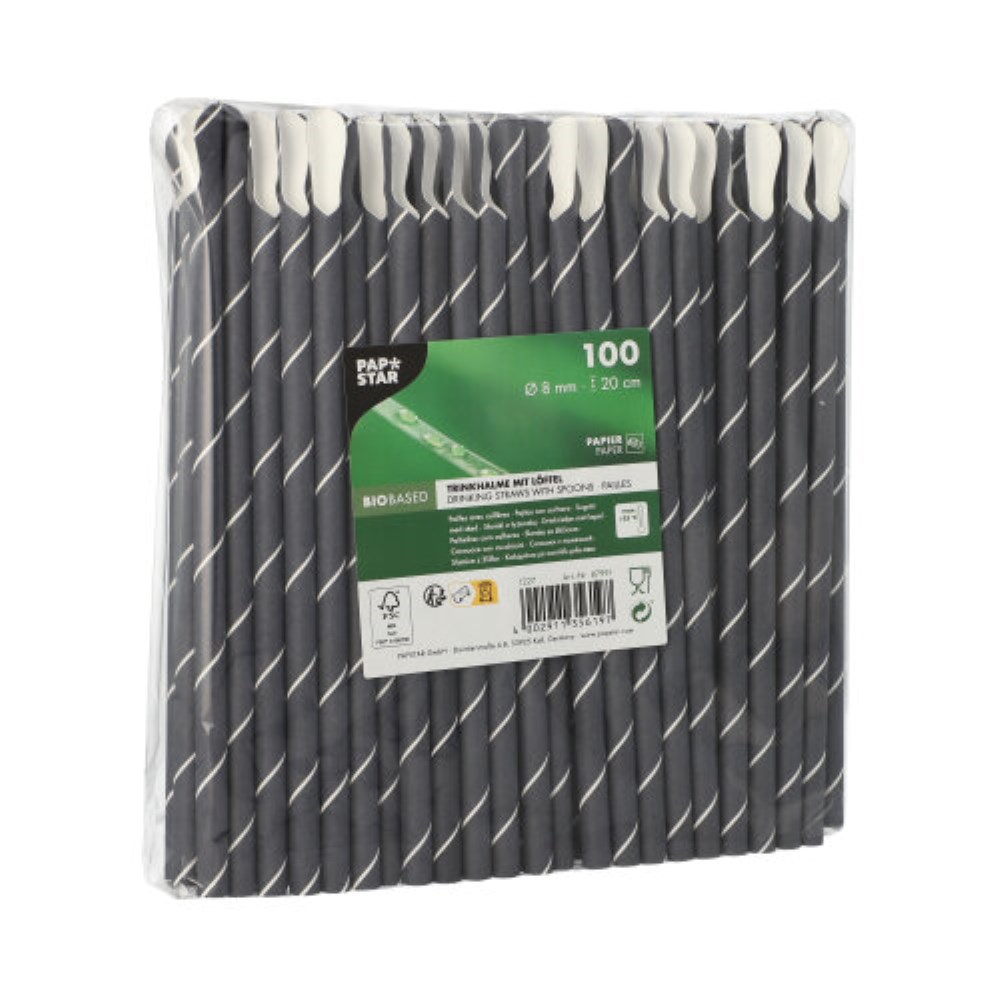 100 Trinkhalme mit Löffel, Papier Ø 8 mm · 20 cm schwarz/weiss "Stripes"