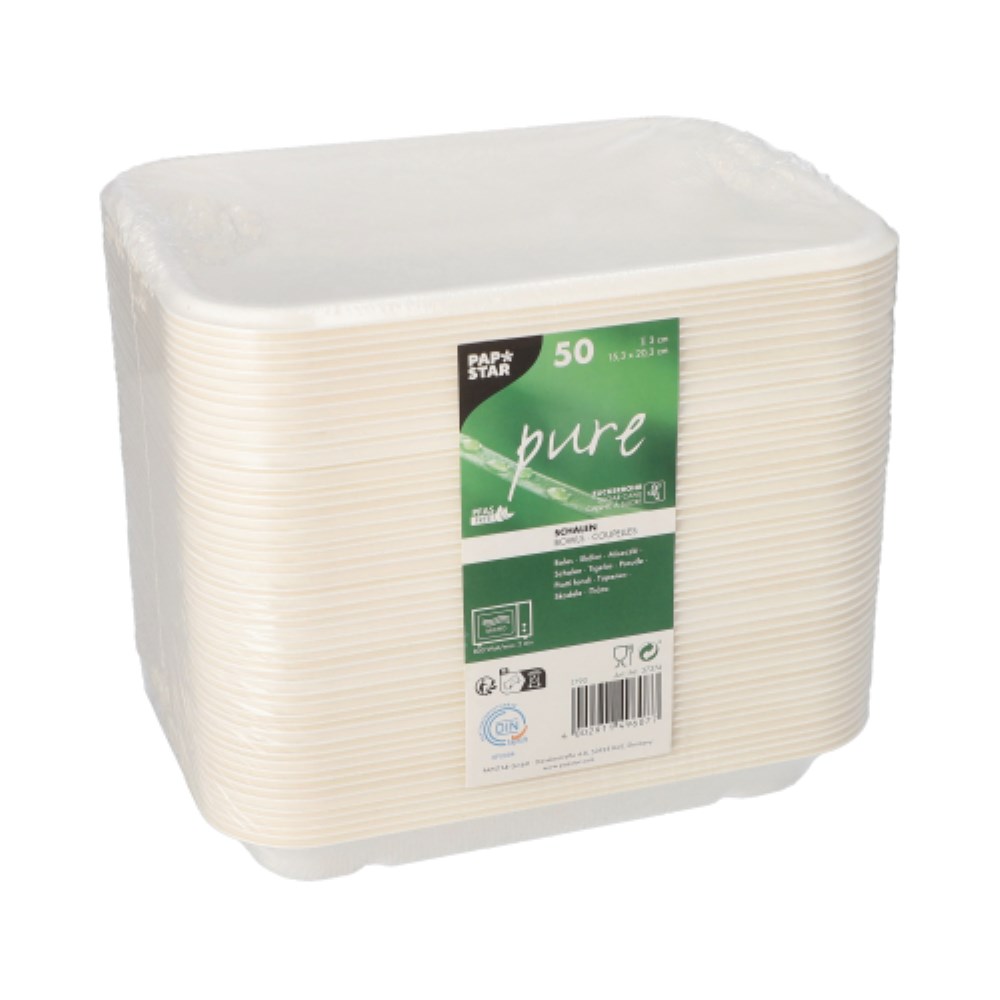 50 Schalen, Zuckerrohr "pure" ungeteilt 3 cm x 15,3 cm x 20,3 cm weiss