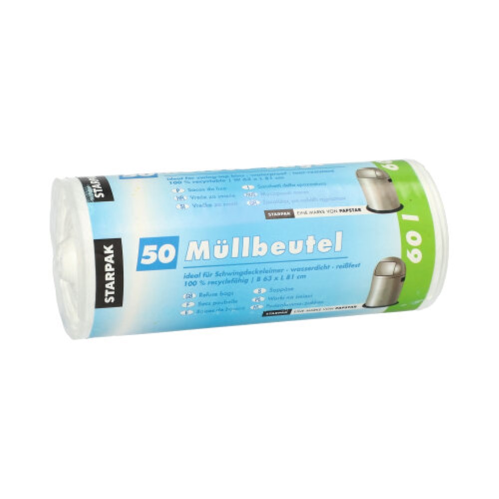 50 Müllbeutel, HDPE 60 l 81 cm x 63 cm weiss 9 my