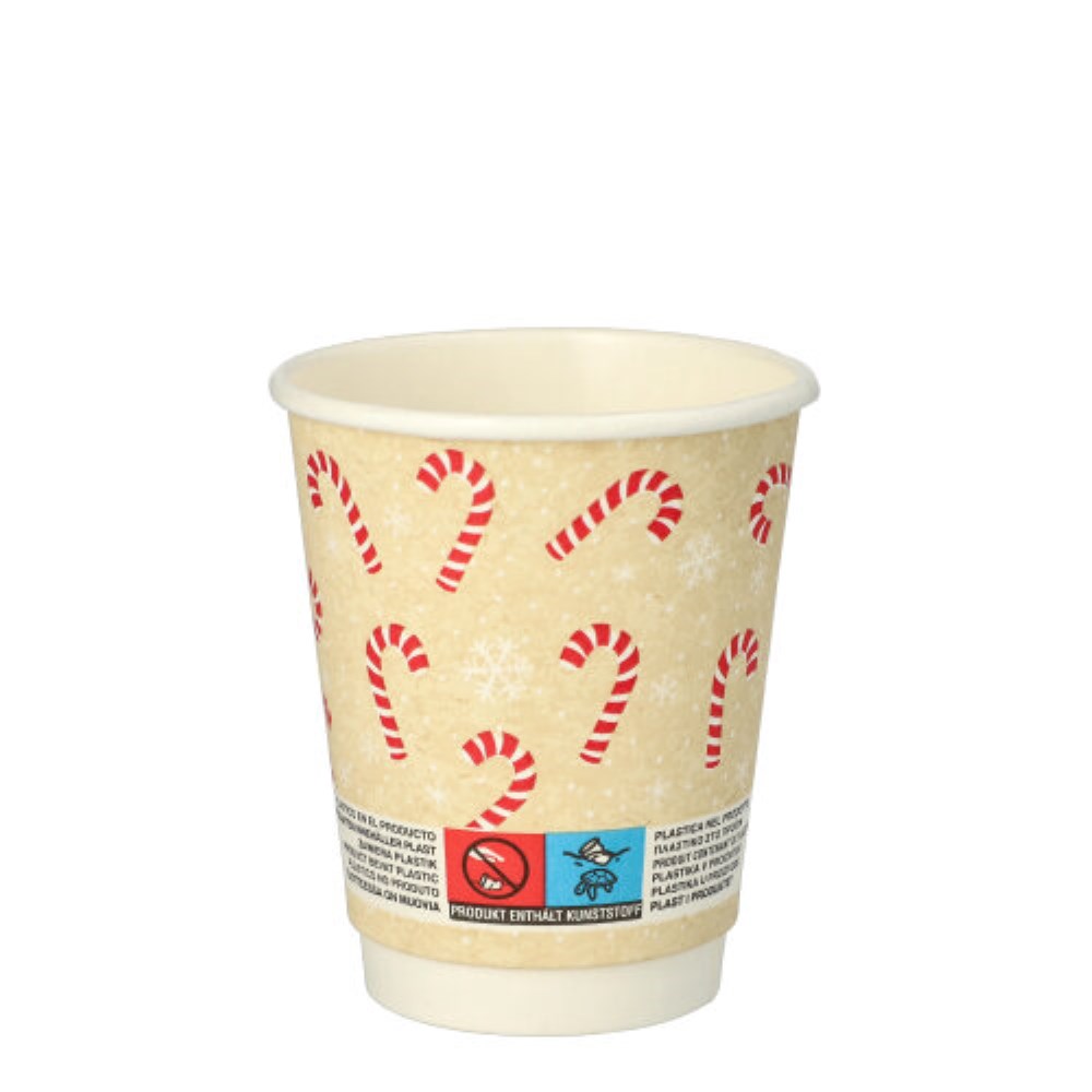 25 Trinkbecher, Pappe 0,2 l Ø 8 cm · 9,3 cm "Candy Canes " doppelwandig