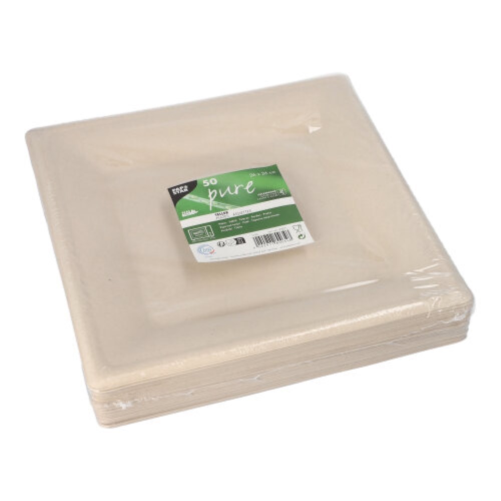 50 Teller, Zuckerrohr "pure" eckig 26 cm x 26 cm natur