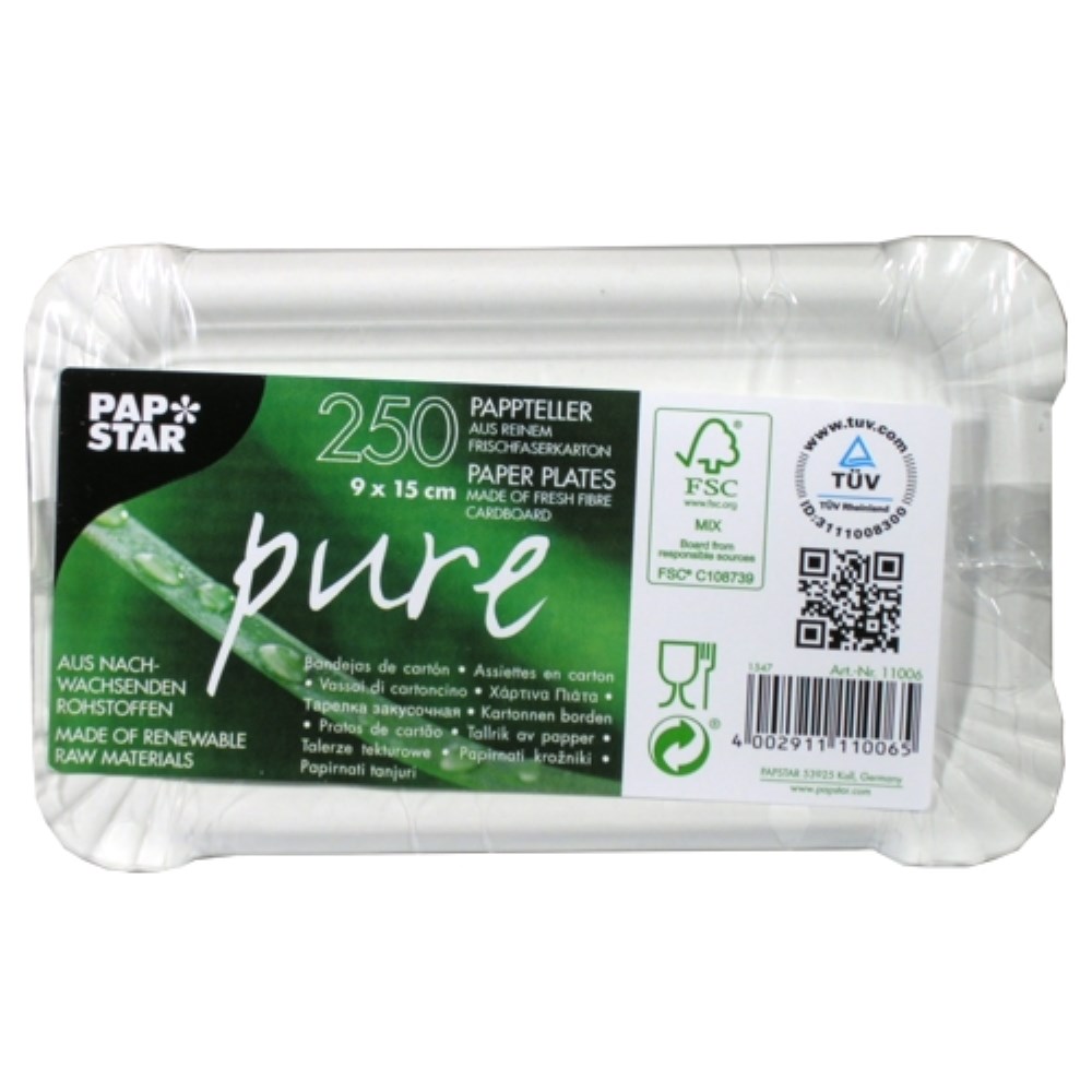 250 Teller, Pappe "pure" eckig 9 cm x 15 cm weiss