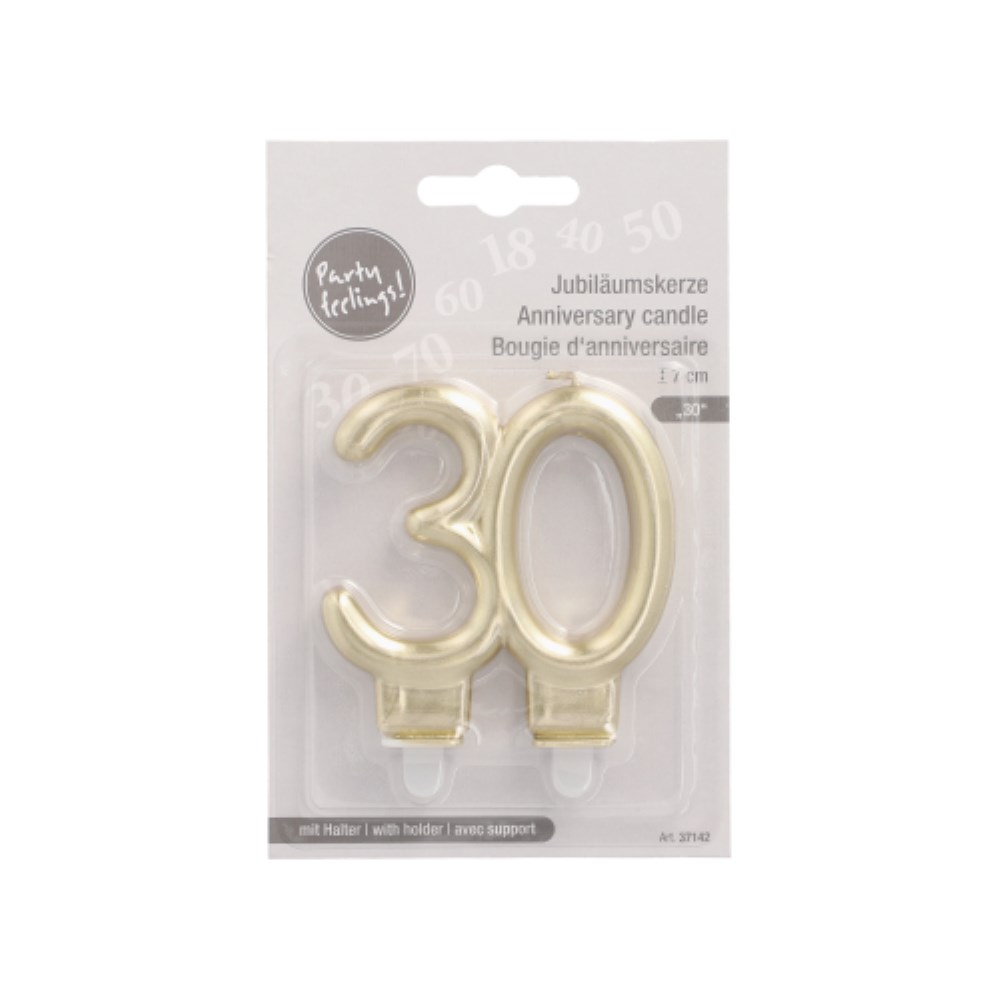 Jubiläumskerzen mit Halter 7 cm gold "30"