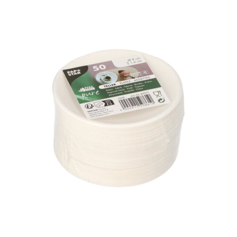 50 Teller Zuckerrohr "pure" rund Ø 9 cm · 1,3 cm weiss "Cella"