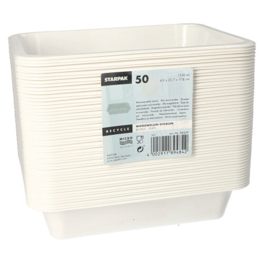 50 Mikrowellenschalen, PP ungeteilt 1330 ml 4,9 cm x 22,7 cm x 17,8 cm weiss