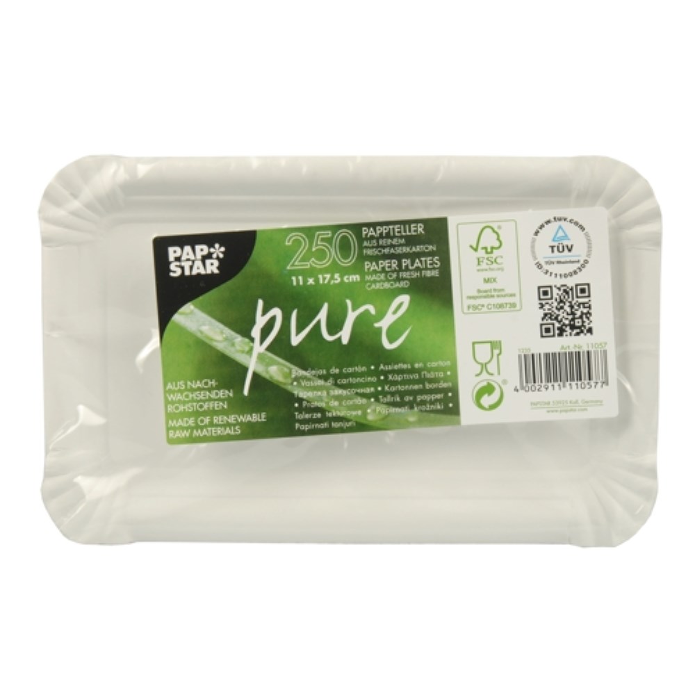 250 Teller, Pappe "pure" eckig 11 cm x 17,5 cm weiss 250 Teller, Pappe "pure" eckig 11 cm x 17,5 cm weiss