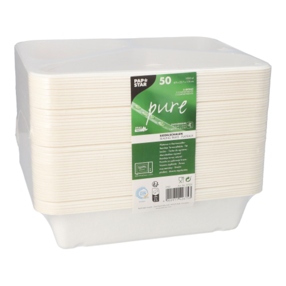 50 Siegelschalen Zuckerrohr 3-geteilt 1000 ml 4,9 cm x 22,7 cm x 17,8 cm weiss