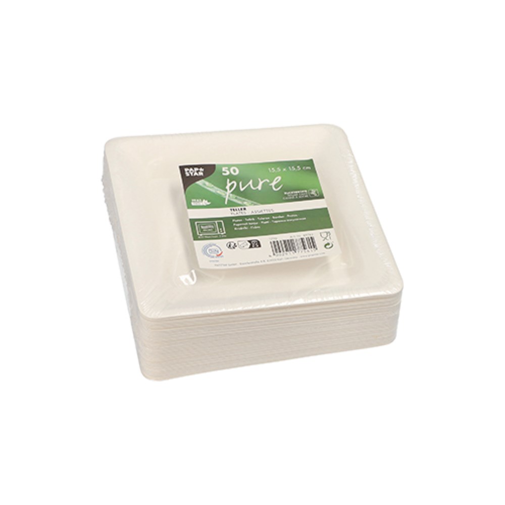 50 Teller, Zuckerrohr "pure" eckig 15,5 cm x 15,5 cm weiss